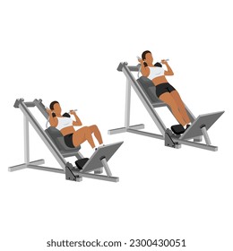 Woman doing machine hack squat exercise. Flat vector illustration isolated on white background