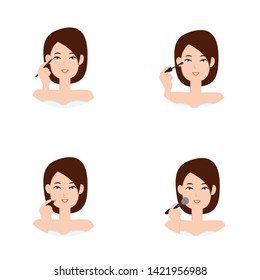 Woman doing make up. Applying mascara, eyeshadow, powder and lipstick. Vector illustration isolated on white background