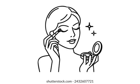 Woman doing make up. Applying mascara, eyeshadow, powder, vector illustration on white background