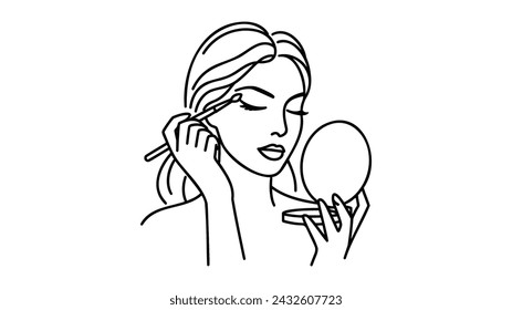 Woman doing make up. Applying mascara, eyeshadow, powder, vector illustration on white background