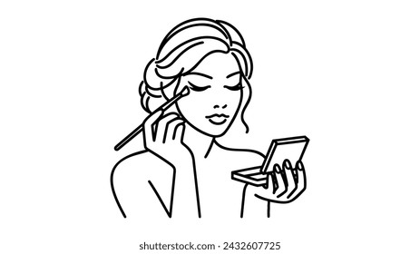 Woman doing make up. Applying mascara, eyeshadow, powder, vector illustration on white background