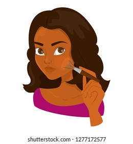 Woman doing makeup and apply powder on skin. Glamour life and beauty. Face of female character with dark hair.