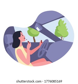 Woman doing makeup in car vector illustration. Flat character - young woman puts on lipstick while driving. Vibrant colours, bubble design. Road safety, prevent accidents concepts.