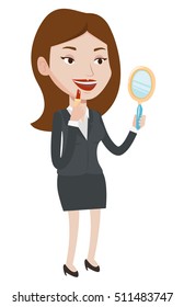 Woman doing makeup and looking in hand-mirror. Woman rouge lips with red color lipstick. Woman paints her lips. Woman applying lips makeup. Vector flat design illustration isolated on white background