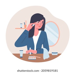 Woman doing makeup using brushes. Girl looks after herself, beauty, cosmetics. Employee paints her eyelashes. Daily routine, care. Cartoon flat vector illustration isolated on white background