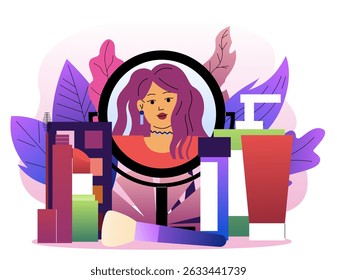 Mulher fazendo maquiagem. Menina jovem perto do espelho com produtos cosméticos. Batom, cremes e loções. Moda, estética e elegância. Pessoa que aplica maquilhagem. Ilustração de vetor plano