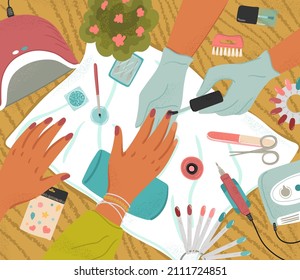 Woman doing manicure in beauty salon. Vector cartoon poster illustration. Woman hand with painted nails. Nail spa and beauty treatment. Manicure and pedicure tools