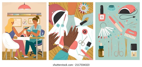 Woman doing manicure in beauty salon. Vector cartoon posters set. Nail spa and beauty treatment. Manicure and pedicure tools. Woman hand with painted nails