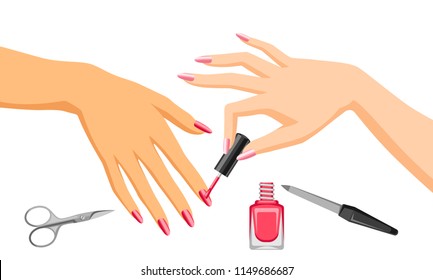 Woman is doing manicure. Illustration of female hand applying nail polish.