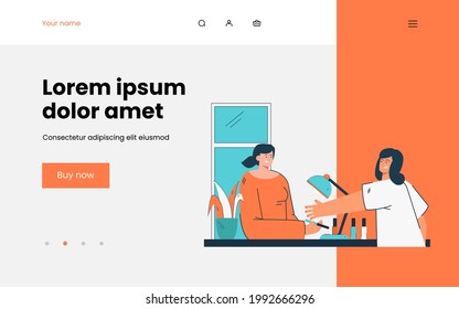 Woman doing manicure vector illustration. Young female character doing manicure in salon. Manicured nails. Woman hands. Beauty concept for banner, website design or landing web page