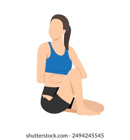 Woman doing Marichi Pose D Seated Spinal Twist or Marichyasana D yoga exercise. Flat vector illustration isolated on white background