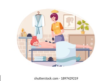 Woman doing massage to a woman with rocks. Flat illustration isolated on white background.