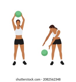 Woman doing Medicine ball. Alternating side slams exercise. Flat vector illustration isolated on white background. workout character set