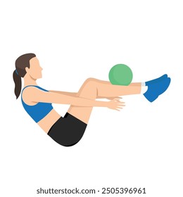 Woman doing Medicine ball boat balance. Flat vector illustration isolated on white background