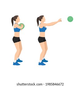 Woman doing Medicine ball chest pass exercise. Flat vector illustration isolated on white background