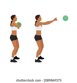 Woman doing Medicine ball chest pass exercise. Flat vector illustration isolated on white background