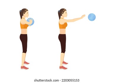 Una mujer haciendo ejercicio de Medicine Ball Chest Pass tirando la bola recta y adelante contra la pared y atrapando la bola mientras rebota.