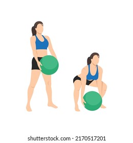 Woman doing Medicine ball deadlift exercise. Flat vector illustration isolated on white background