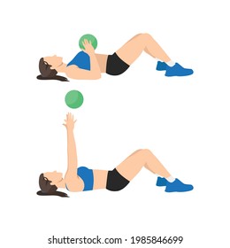 Woman doing Medicine ball floor press. Laying chest passes exercise. Flat vector illustration isolated on white background