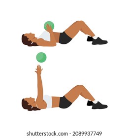 Woman doing Medicine ball floor press. Laying chest passes exercise. Flat vector illustration isolated on white background