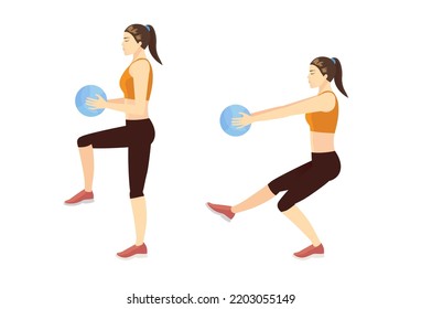 Woman Doing Medicine Ball Pistol Squat Exercise. Illustration About Exercise With Small Equipment.