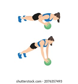 Woman doing Medicine ball push ups exercise. Flat vector illustration isolated on white background. Chest exercise