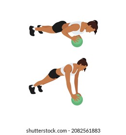 Woman doing Medicine ball push ups exercise. Flat vector illustration isolated on white background. Chest exercise