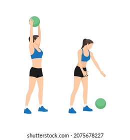 Woman doing Medicine ball slams exercise. Flat vector illustration isolated on white background. workout character set