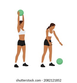 Woman doing Medicine ball slams exercise. Flat vector illustration isolated on white background. workout character set