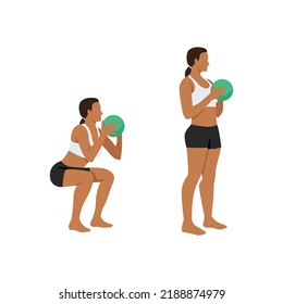 Woman doing Medicine ball squat exercise. Flat vector illustration isolated on white background