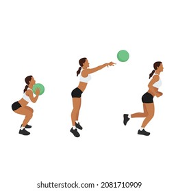 Woman doing Medicine ball throw to chase exercise. Flat vector illustration isolated on white background. workout character set