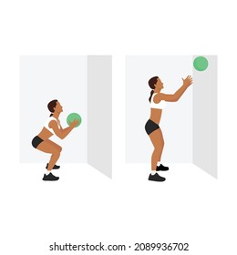 Frauen, die Medizin-Ball werfen Übung. Flache Vektorgrafik einzeln auf weißem Hintergrund. Zeichensatz für Workout