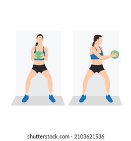 Woman Doing Medicine Ball Wall Sit Rotation Exercise. Flat Vector Illustration Isolated On White Background. Workout Character Set