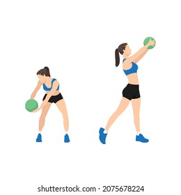 Woman doing Medicine ball wood chops exercise. Flat vector illustration isolated on white background. workout character set