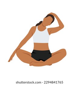 Woman doing meditating and seated stretching neck to the side. Release neck and shoulder tension. Flat vector illustration isolated on white background.