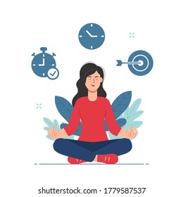 Woman doing meditation during working hours to calm down the stressful emotion