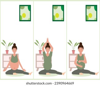 Woman doing meditation and exercise during pregnancy. Yoga in pregnancy concept. Flat vector illustration isolated on white background.