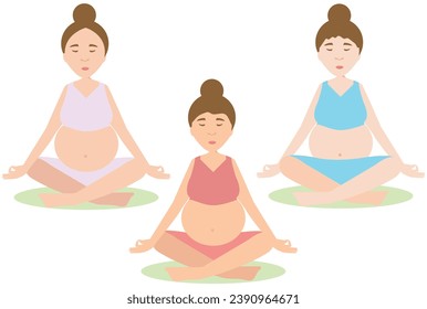 Woman doing meditation and exercise during pregnancy. Yoga in pregnancy concept. Flat vector illustration isolated on white background.