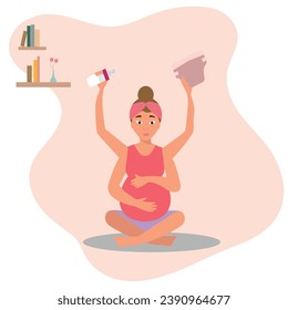 Woman doing meditation and exercise during pregnancy. Yoga in pregnancy concept. Flat vector illustration isolated on white background.