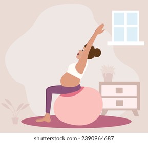 Woman doing meditation and exercise during pregnancy. Yoga in pregnancy concept. Flat vector illustration isolated on white background.