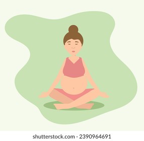 Woman doing meditation and exercise during pregnancy. Yoga in pregnancy concept. Flat vector illustration isolated on white background.