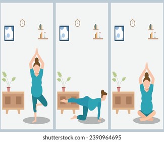 Woman doing meditation and exercise during pregnancy. Yoga in pregnancy concept. Flat vector illustration isolated on white background.