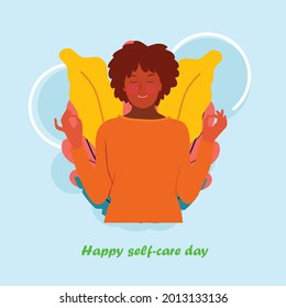 Woman doing meditation. Flat design self-care day.