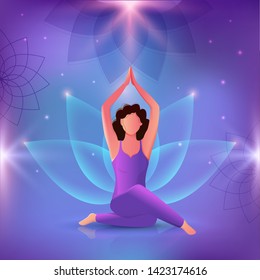 Woman doing Meditation in Lotus pose "Padmasana" on shiny beautiful purple background for International Yoga Day celebration poster or banner design.