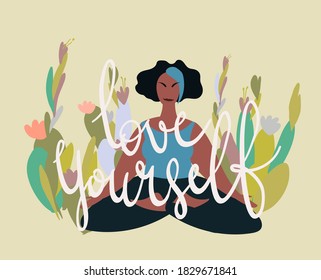 Woman doing meditation in lotus pose surrounded by plants. Minimal vector illustration.
