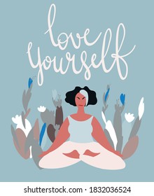 Woman doing meditation in lotus pose surrounded by plants. Minimal vector illustration.