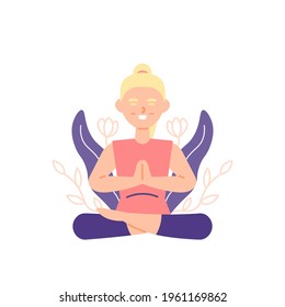 a woman doing meditation in nature. calming down, yoga, refreshing, mind therapy. sitting lotus. activities and sports. flat style. vector illustration design