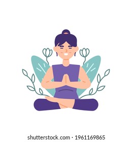 a woman doing meditation in nature. calming down, yoga, refreshing, mind therapy. sitting lotus. activities and sports. flat style. vector illustration design