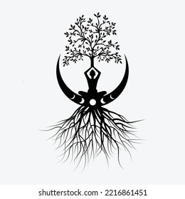 Woman doing meditation on the half moon with tree root vector. Yoga vector for t shirt , mug , banner, poster etc. Vector illustration of  nature meditation.