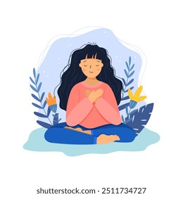 Woman doing meditation, vector illustration in flat style. Mental health and Healthy lifestyle concept